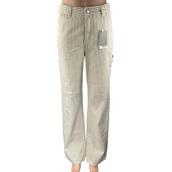 NEW MNG Mango Beige White Striped Straight Carpenter Cargo Trousers Pants Size 2 - Image 2