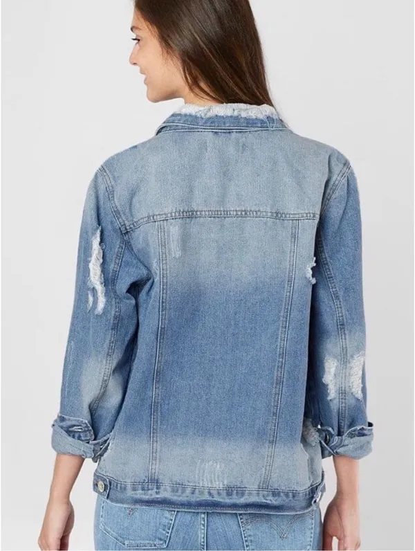 Ci Sono Blue Medium Wash Distressed Boyfriend Oversized Denim Jacket Size M - Image 3