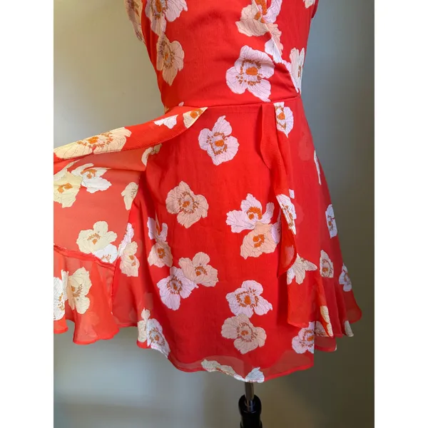 Red‎ Floral Mini Dress Sm Surplice Ruffle Tie resort boho whimsi dainty cottage - Image 2