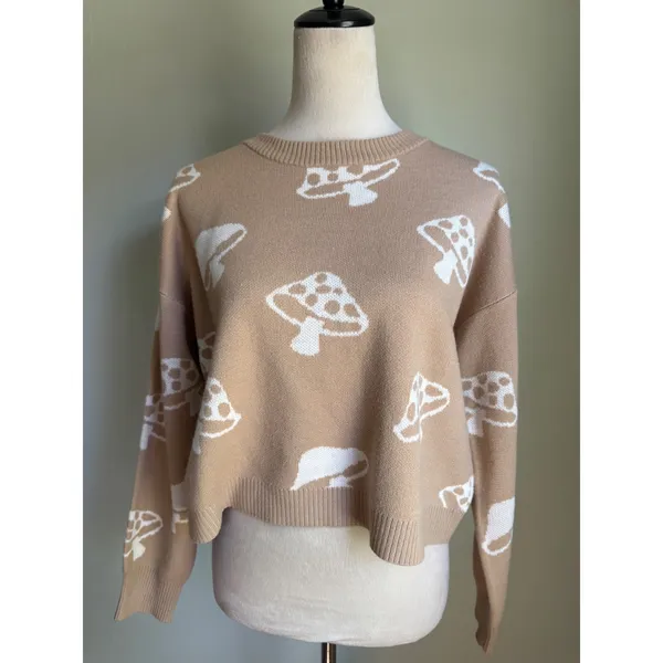 Boho whimsi goth Mushroom Cropped Sweater Tan White Knit‎ Large 11-13 y2k retro - Image 2