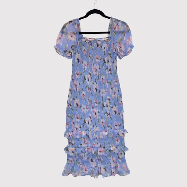Abercrombie Fitch Dress Purple Smocked Midi Bodycon Floral Ruffle Coquette Small - Image 2