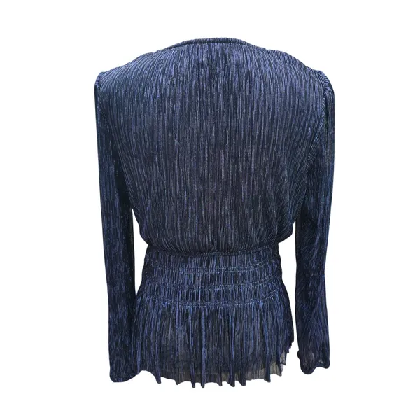 White House Black Market Navy Blue Metallic‎ Pleated Smocked Peplum Blouse Small - Image 5
