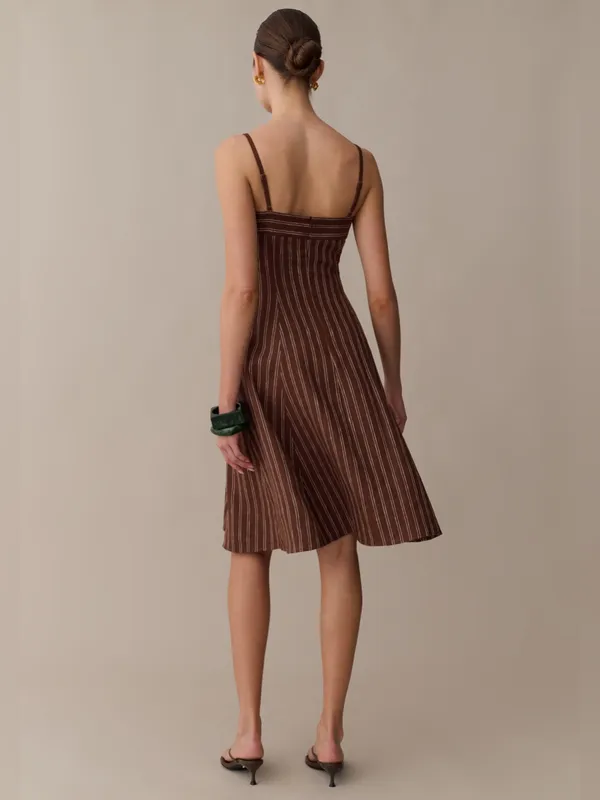 NWT o.p.t Gizele Linen Dress size Small S brown white stripe midi few moda - Image 2