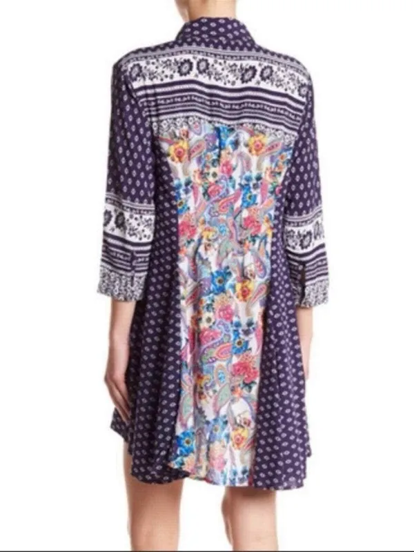 Anthropologie by Cyrena Boho Purple Printed Button-Front Mini Shirt Dress Size L - Image 2