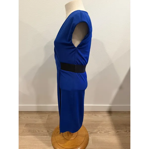 ABS Collection Royal Blue Faux Wrap Sheath Dress Black Waistband Small - Image 3