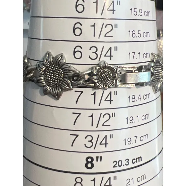 Silver Tone Sunflower Flower Link Bracelet Fold Over Clasp Textured Estate 7" - Image 5