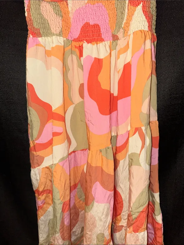 In the Beginning Pink & Orange Floral Midi Dress with V Neckline - Image 4
