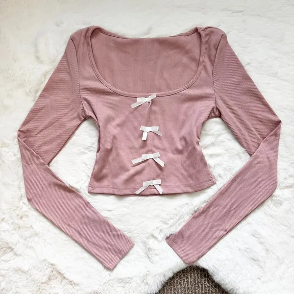 Dazy Pink dainty bow long sleeve ribbed top - Image 2