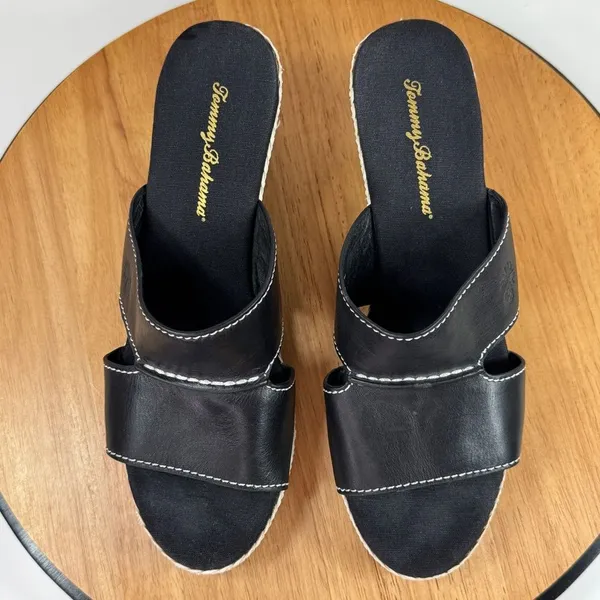 Tommy Bahama Kamala Wedge‎ Heel Leather Slide Sandals Black White 9 - Image 4