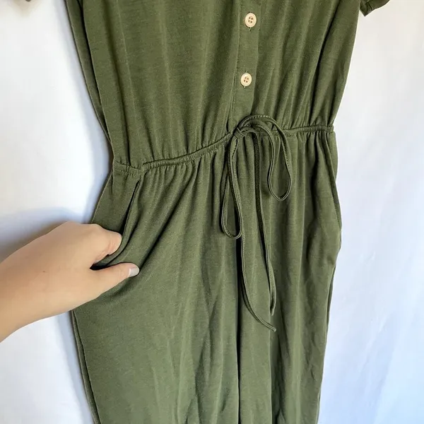 olive green button front drawstring waist jumpsuit‎ pockets women's size small - Image 3