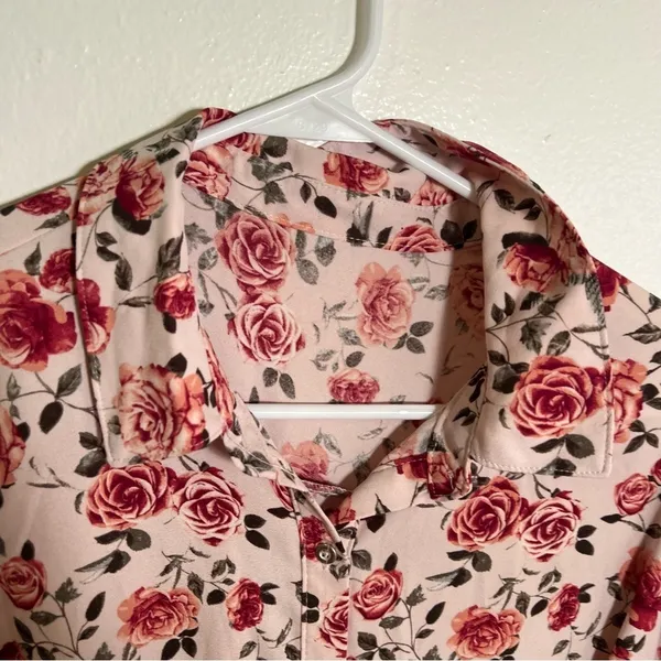 Women's‎ Button Down Shirt Dress Light Pink Rose Floral Belted Long Sleeve Roll - Image 8