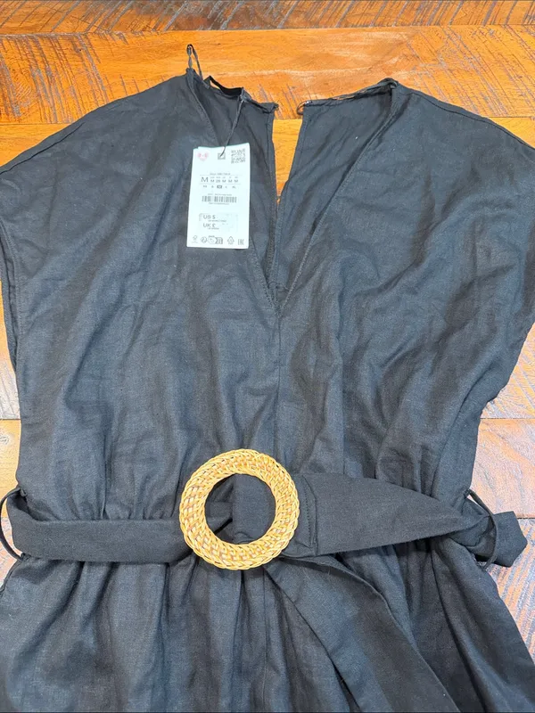 Zara Belted Black Linen V Neck Jumpsuit - Image 3