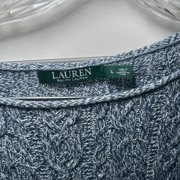 Lauren Ralph Lauren Blue White Marled Cable Knit Cotton Sweater Large L cozy - Image 3