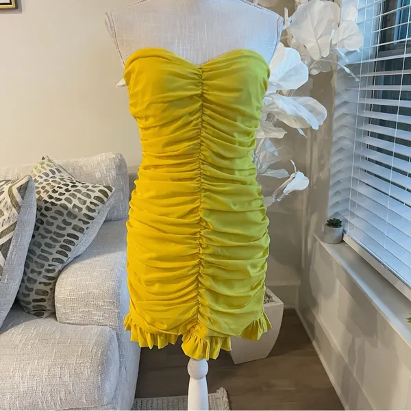 For Love And Lemons Strapless Ruched Yellow Mini Dress - Image 2