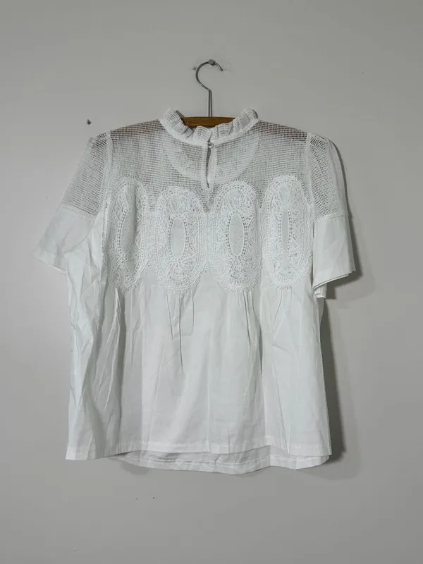 Boutique Short-sleeve Lace Poplin Blouse - White - Image 3