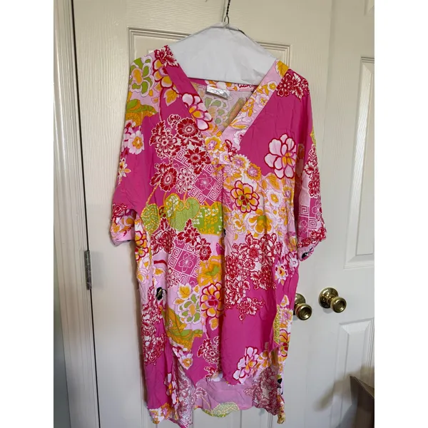 Natori Pink Floral Rayon Caftan Sleeve V-Neck Medium - Image 2