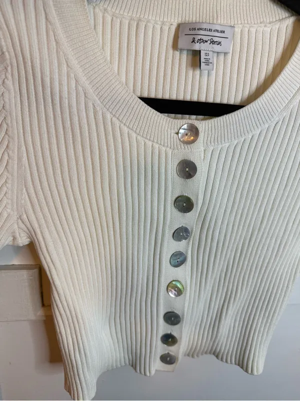 & Other Stories Cream Cropped Ribbed Shell Button Cardigan - Image 4