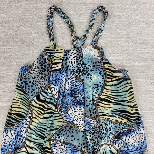 Ocean Blue Racerback Coverup Dress L Animal Print Tiger Stripe Braided Neck Boho - Image 8