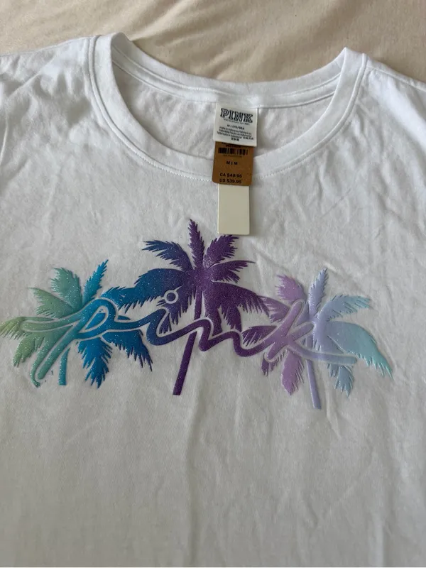 NWT PINK Victoria's Secret White Short Sleeve Tee with Ombre Palm Graphic - Image 3