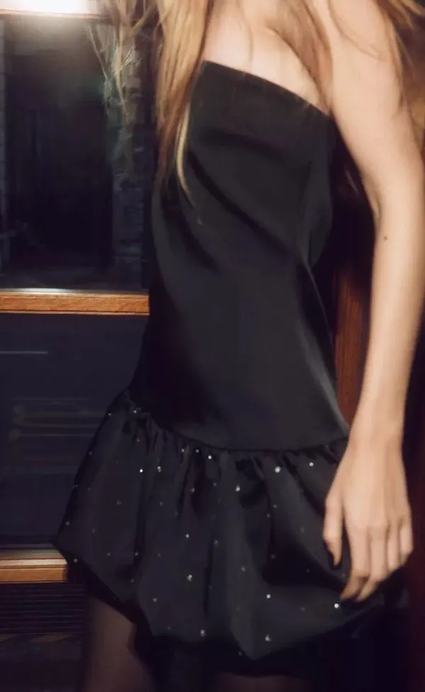 Zara mini dress strapless little black rhinestones balloon corset bodycon party - Image 4