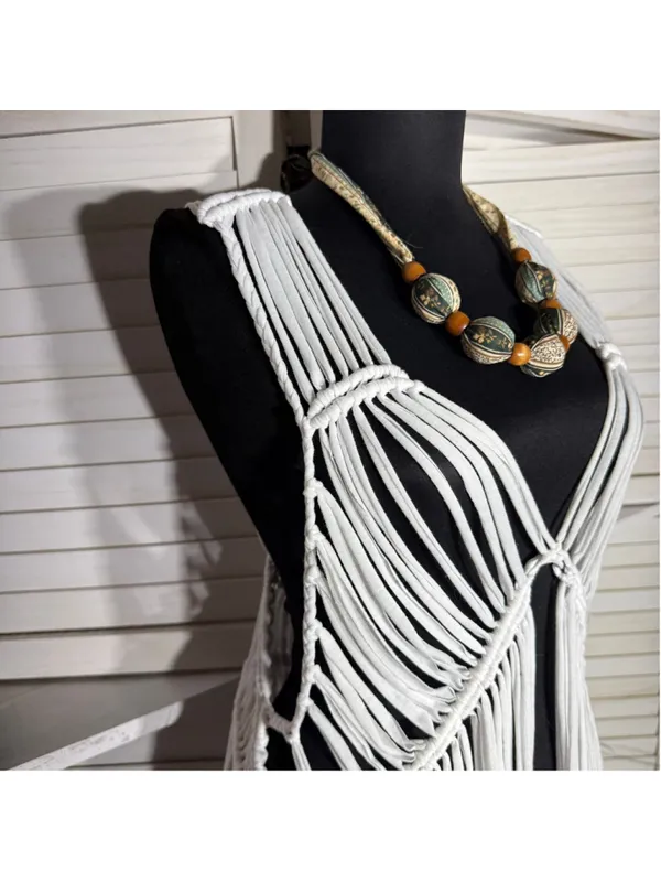 Solitaire white fringes crochet vest top macrame boho fairy festival coastal S - Image 5