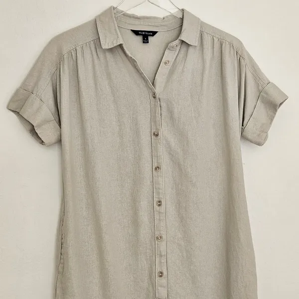 Well Worn Linen Blend Button Down Shirt Dress Short Sleeve Beige Pockets Small - Image 10
