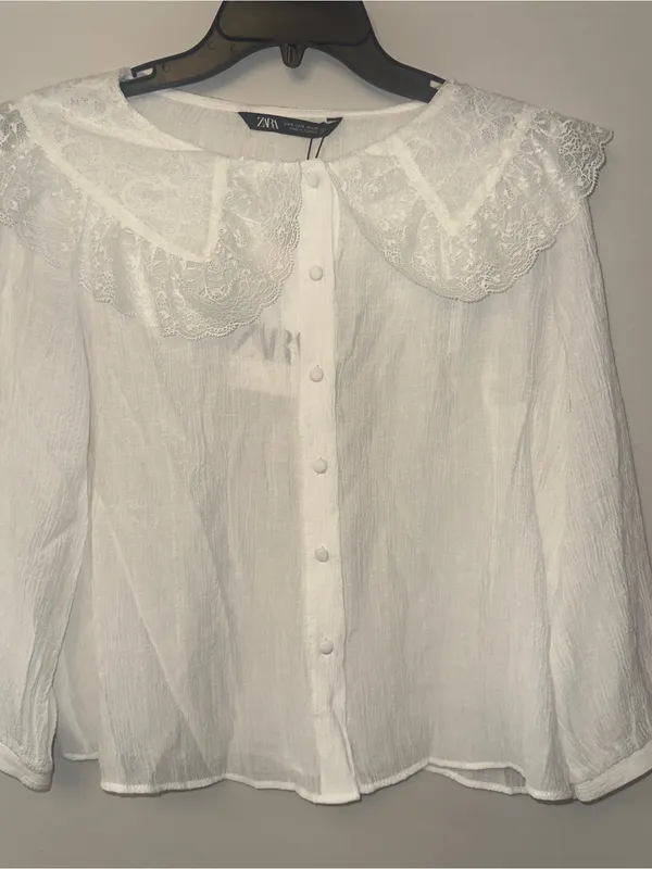 Zara White Lace-Collar Button-Front Blouse - Image 4