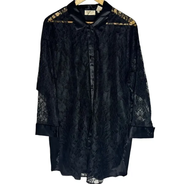 Vintage Gold Label Victorias Secret Satin‎ And Lace Robe Black Whimsigoth M/L - Image 2