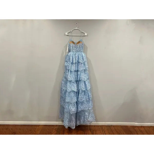 Jovani Prom Dress 38144 Light Blue Tiered Ball Gown with Slit Sz 0 NEW - Image 4