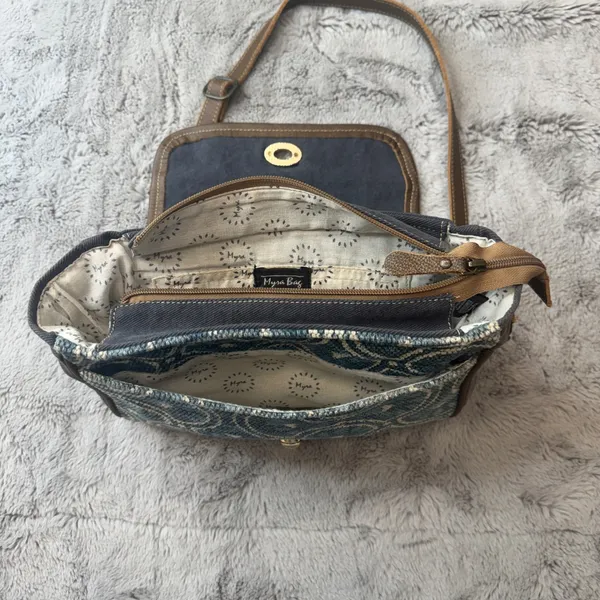 Myra Bag Canvas Cowhide Rug Tapestry Crossbody‎ Bag Teal Brown S-1250 - Image 4