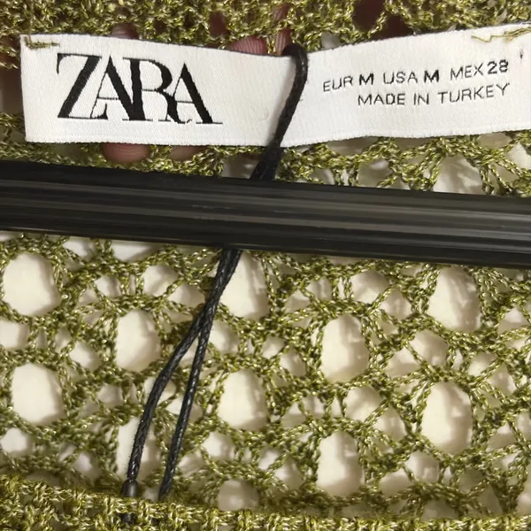 Zara Women Olive Green Open Knit Sweater Metallic Crochet Crew Neck 3859/005 M - Image 3