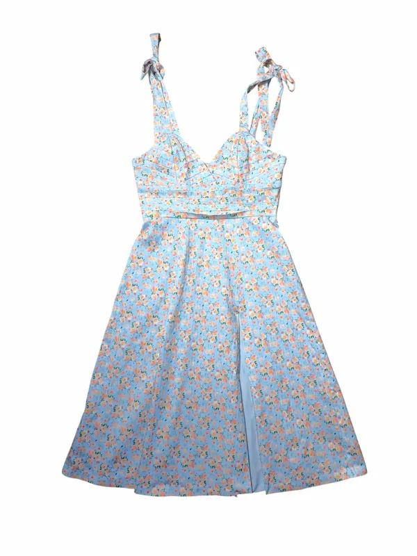 Lavish Lice Blue Floral Pleated Tie Strap Cotton Blend Midi Dress Womens 12 - Image 2