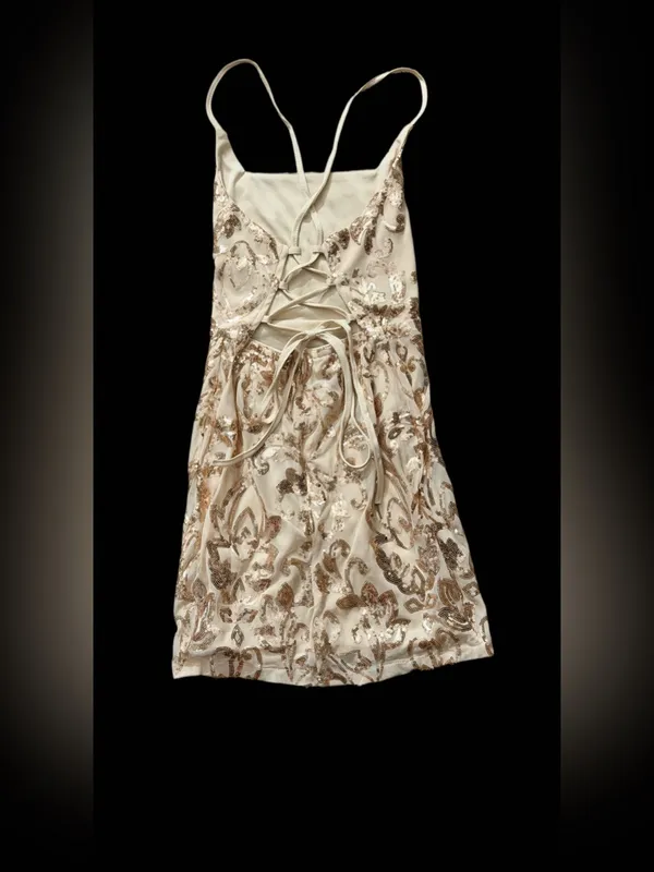Cream with gold floral adjustable Spaghetti Strap Dress - Image 2