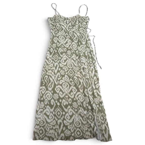 Zara Womens Green Ikat Print Lace Up Back Midi Dress Ruched Slit Summer‎ Boho M - Image 3
