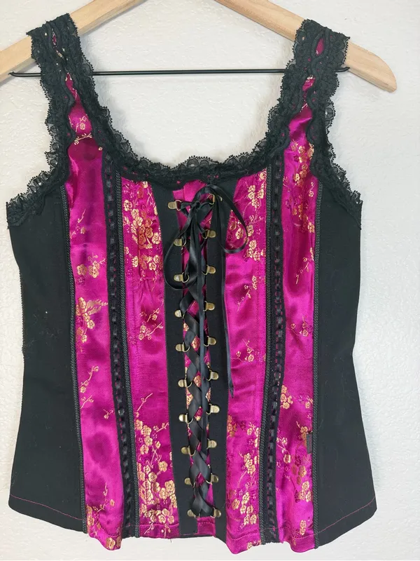 Tripp NYC Hot Topic Y2K Deadstock Brocade Magenta Corset Top NEW Medium - Image 7
