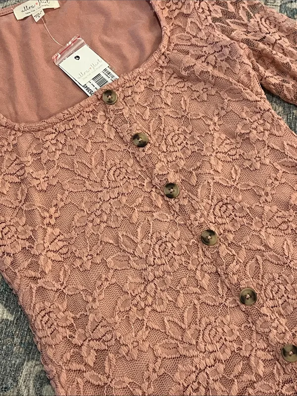 Ultra Flirt Dusty Rose Lace Button-Front Long Sleeve Top - Image 2