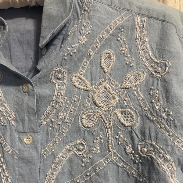 Vintage 90s Light Blue Beaded Embroidered Western‎ Button Down Long Sleeve Shirt - Image 4