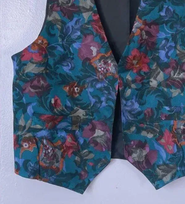 Awesome Vintage Satin Floral Open Vest Sz L XL Reversible To Black - Image 2