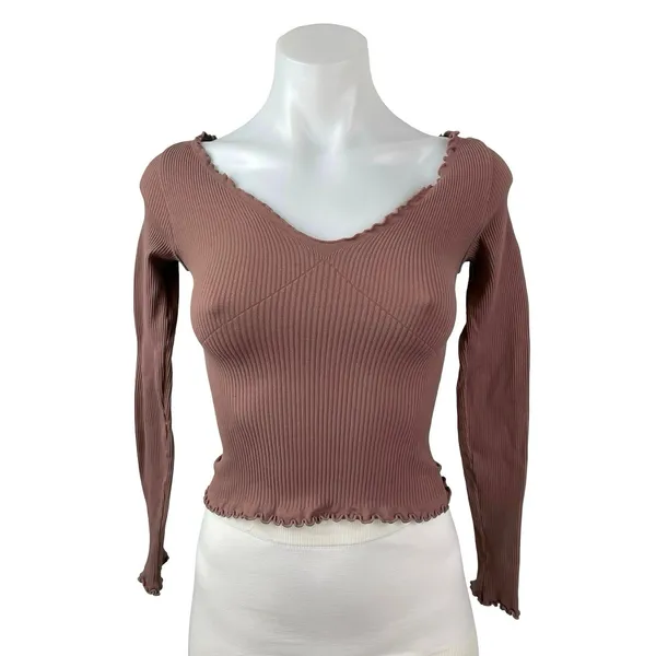 Free People FP Movement Nude Pink Lettuce Rib Knit Long Sleeve Crop Top Sz XS/S - Image 2