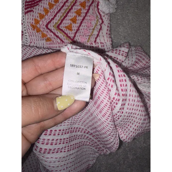 THML Embroidered Tassel Boho Peplum Top Pink Orange Geometric Blouse M - Image 4