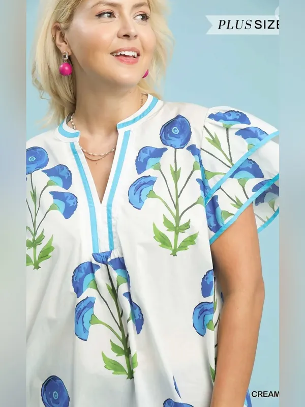 New! Umgee Plus Cotton Cream Floral Popover Top with Blue Accents Size 1X - Image 2