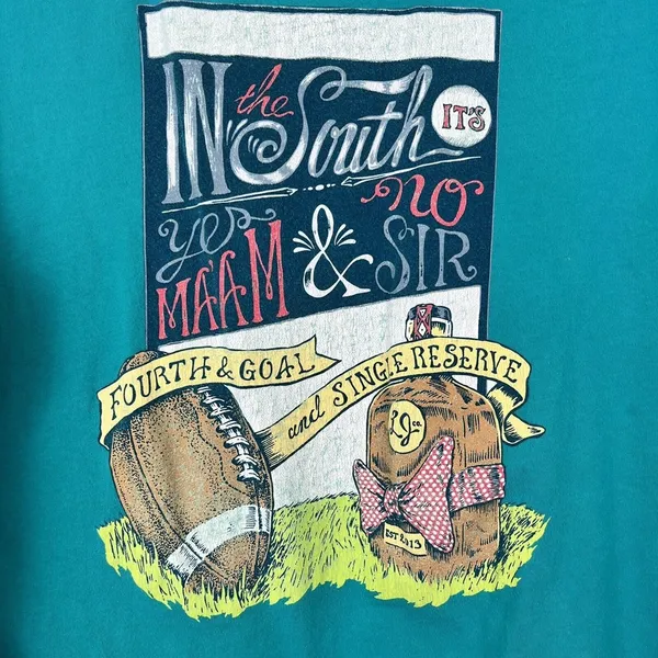 Laura James Large Long Sleeve Turquoise Graphic Tee Southern Comforts Football - Image 2