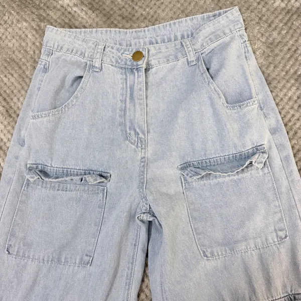 Women's Cargo Jeans Small Light Wash Blue Y2K Wide Leg Multi Pocket Utility - Image 9
