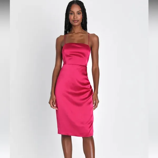 Lulus Size Medium Always Luminous Magenta Satin Ruched Lace-Up Dress. - Image 5