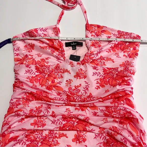 NWT Lulus Hot Off The Mesh Pink Floral Ruched Bodycon Halter Mini Dress LARGE‎ - Image 7