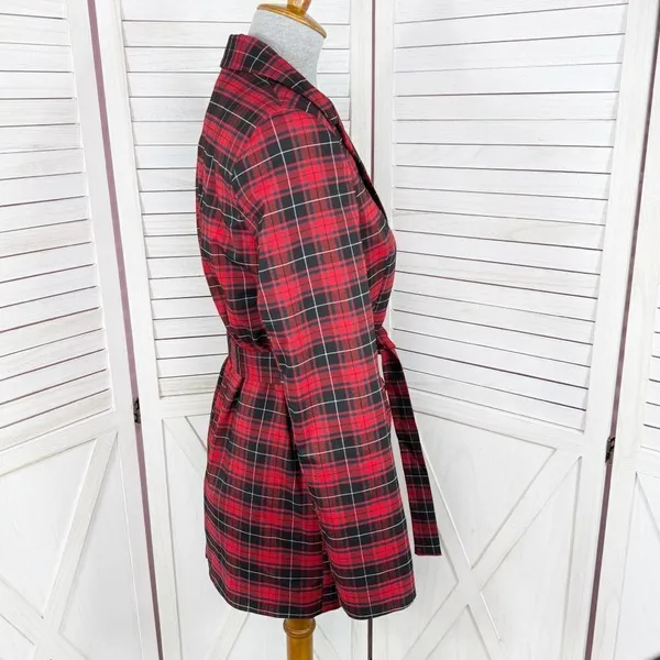 BeFree Tartan Plaid Double Breasted Tie Waist Trench‎ Overcoat Red XS - Image 3