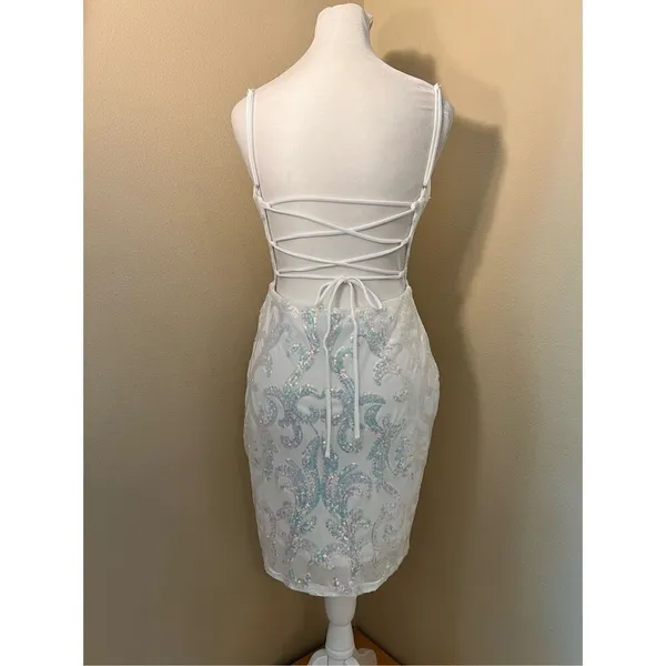 Lovely Day White Iridescent Sequin Corset Lace Up Back Bodycon Mini Dress Medium - Image 8