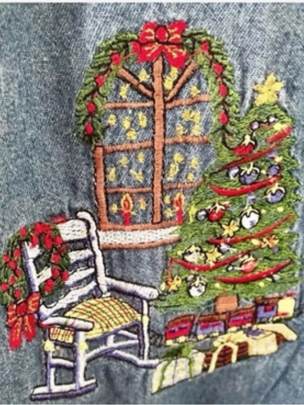 Vintage 90s Ugly Christmas Embroidered Denim Holiday Shirt Velvet Collar - Image 7