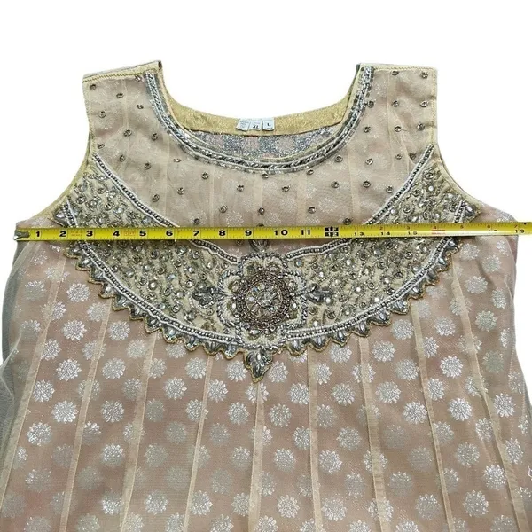 Handmade India Beaded Mesh Tunic Dress Champagne Gold Silver Embellished L/XL *Runs Small - Image 4