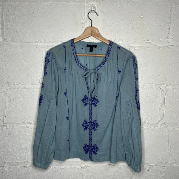J.Crew‎ Women's Blue Cotton Peasant Boho Tie Blouse Size 2 - Image 2